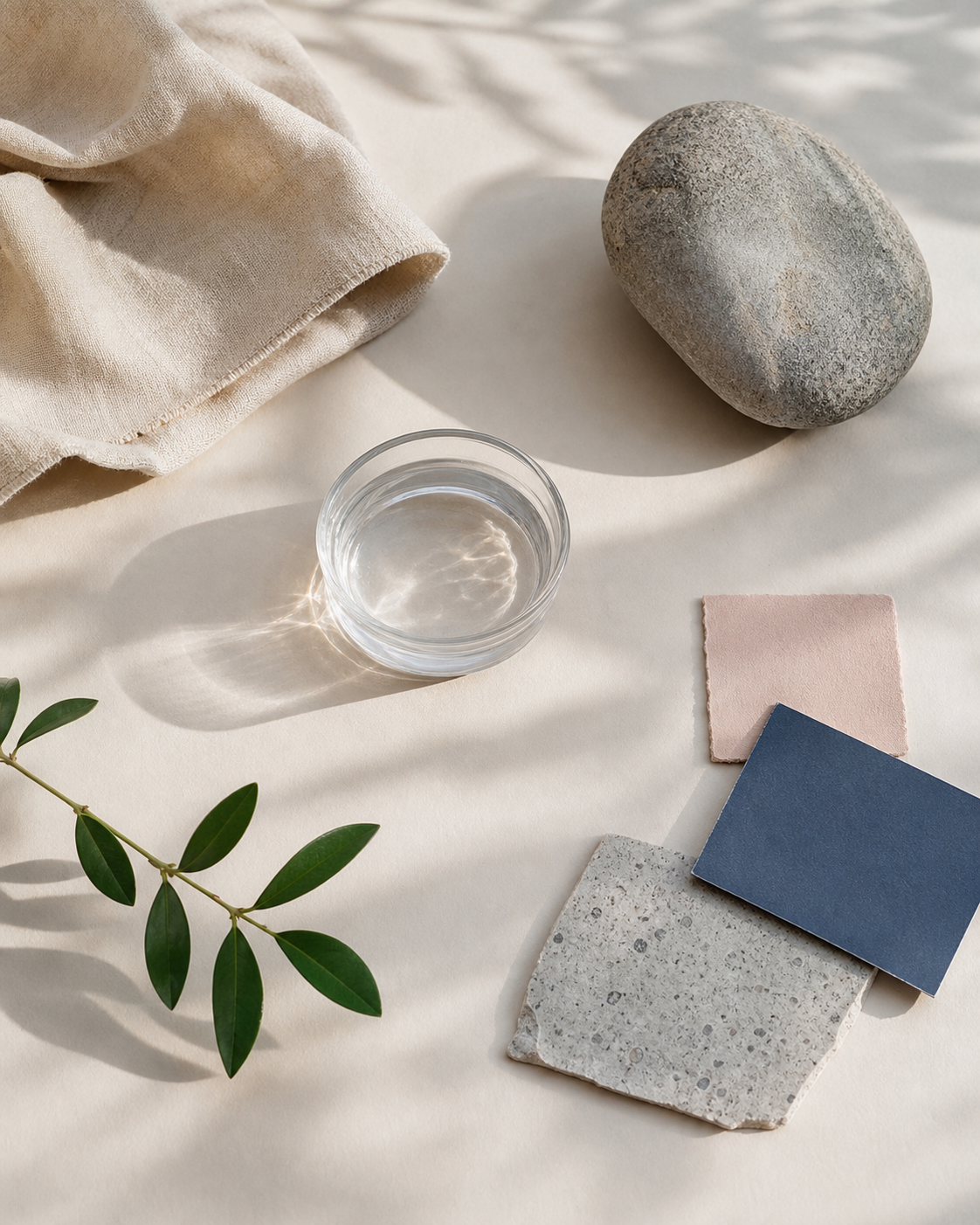 Editorial material study with ivory linen, unmarked paper, mineral-blue and blush swatches, stone, clear water, and a small green sprig.